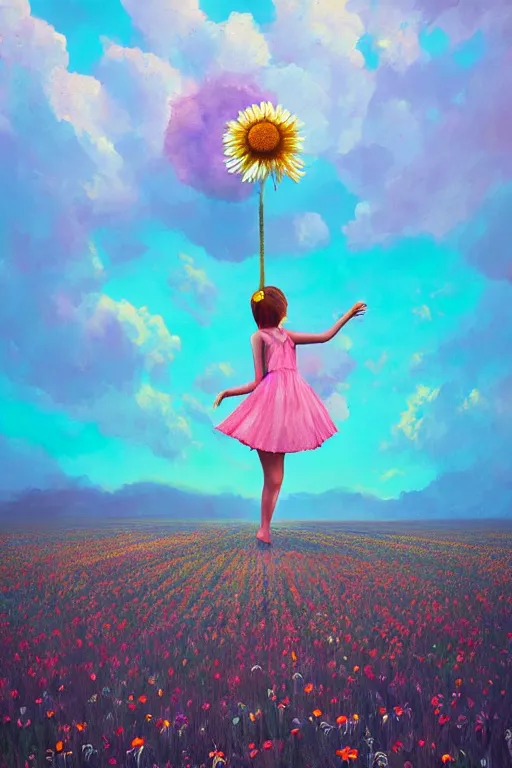 Image similar to giant daisy flower as head, girl dancing in a flower field, surreal photography, sunrise, dramatic light, impressionist painting, colorful clouds, digital painting, artstation, simon stalenhag