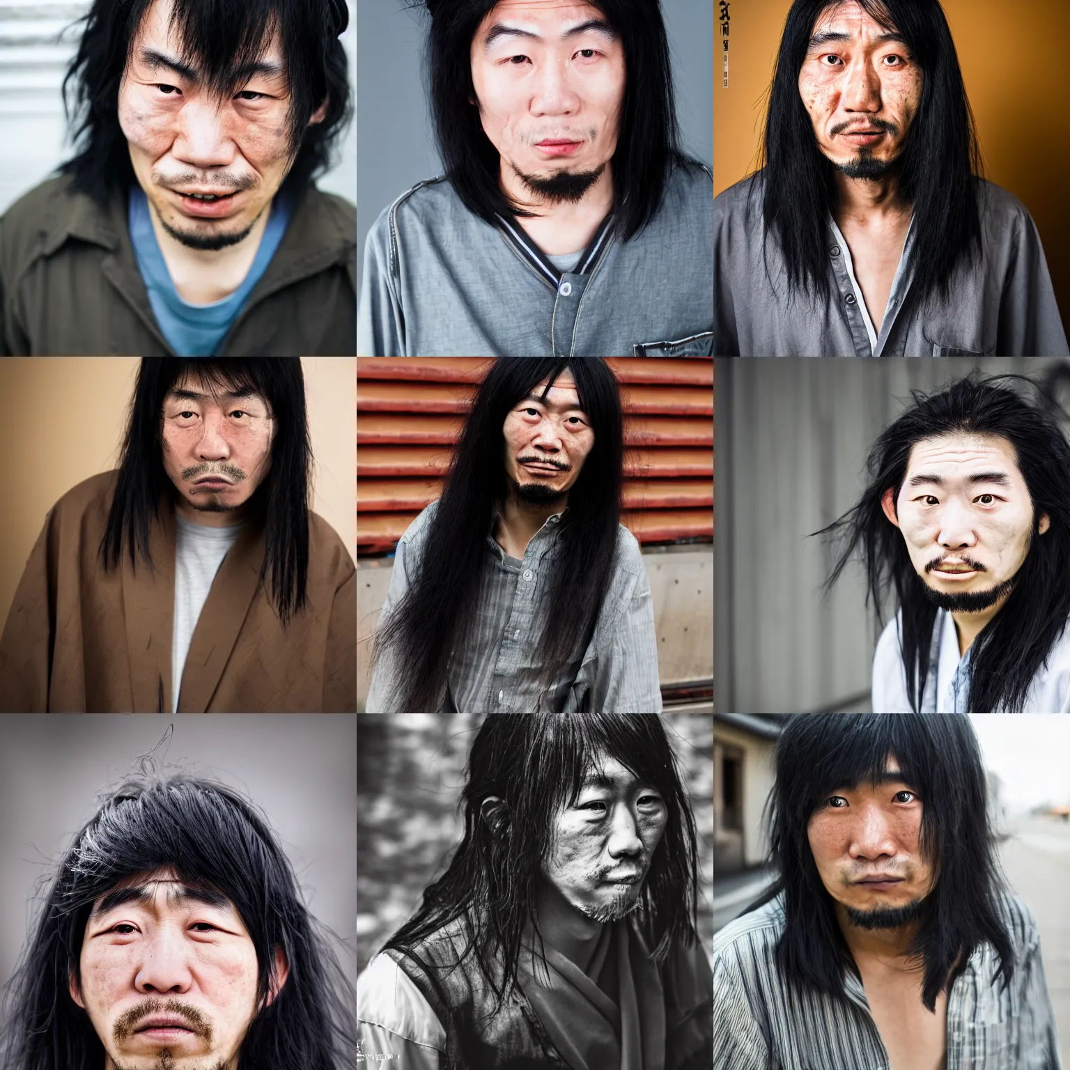 Prompt: a very ugly japanese guy with long black hair, sigma 8 5 mm, high quality, portrait photography