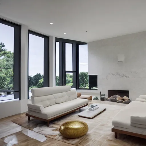 Prompt: A modern living room with floor to ceiling glass windows on the left and on wooden stairs to the second floor on the right, two white sofas with a white marble table in the center, 8k resolution, professional interior design photograph, wide angle photograph