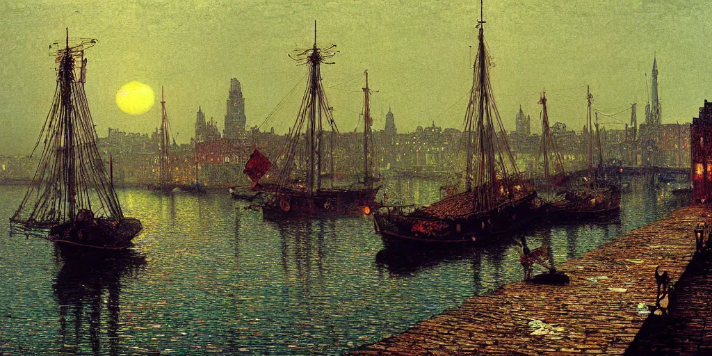 Prompt: colorful boats with big humanoid robots inside detailed painting beautiful landscape by john atkinson grimshaw