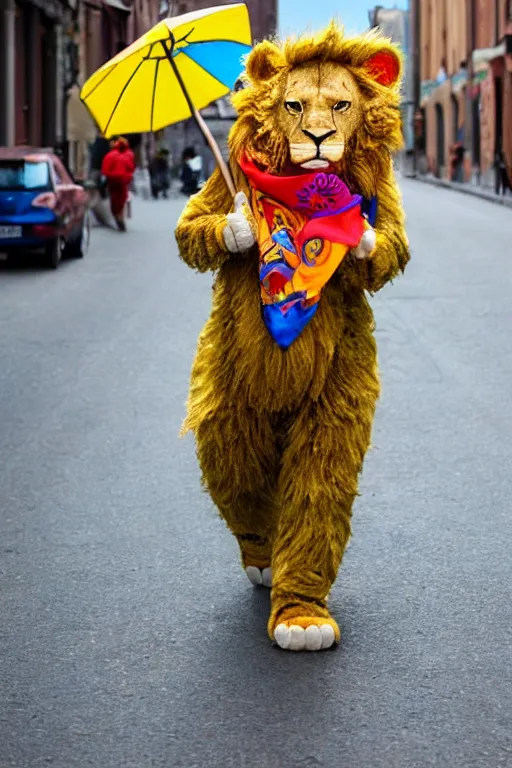 Prompt: An anthro anthropomorphic lion wearing a brightly coloured hat and silk scarf, proudly walking down the street, happy, joyful, in the style of Arthur Thiele