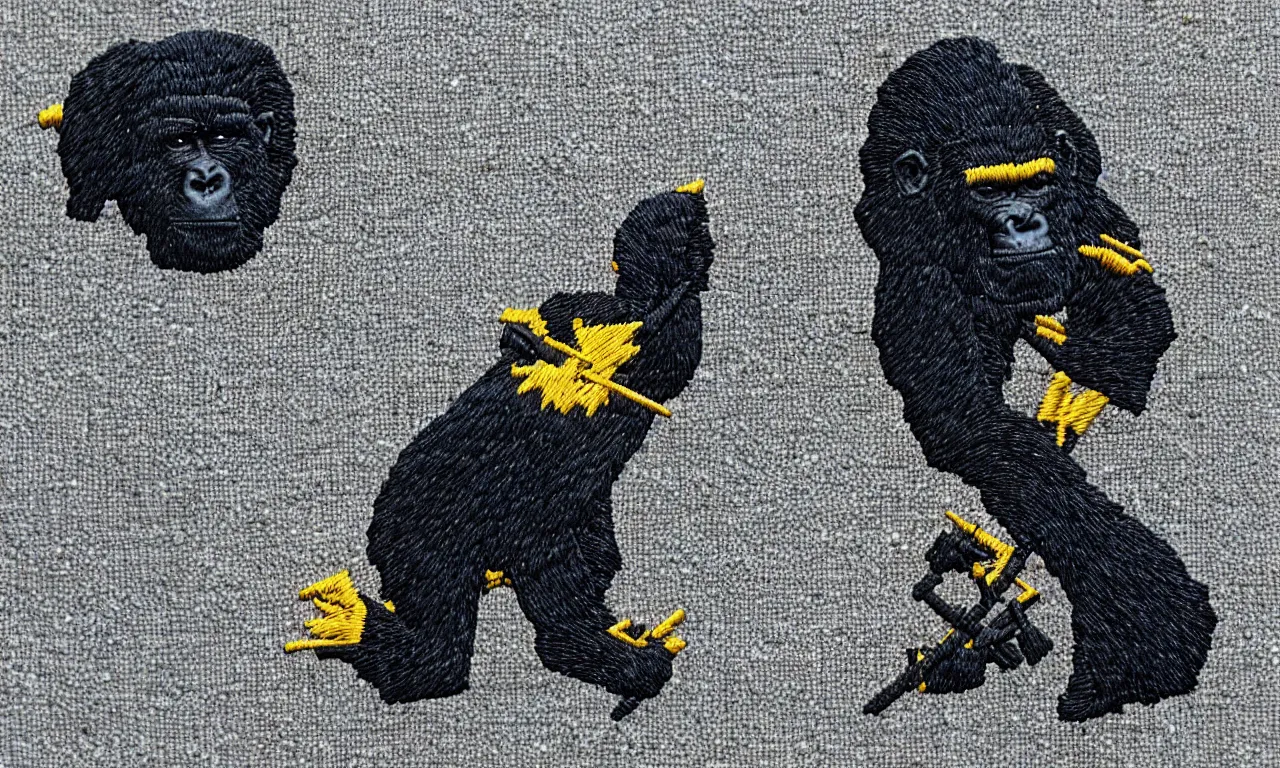 Prompt: a gorilla climbing a radio communications tower. breaking lighting bolts. embroidered us radar corps patch 8 k /