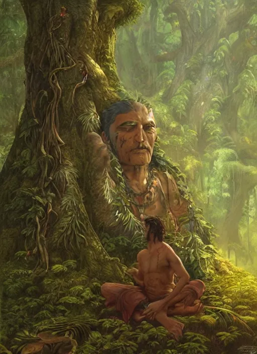 Image similar to a shaman sitting in the jungle, with giant face of an ancestor in a tree behind him, hyper detailed, art by christophe vacher