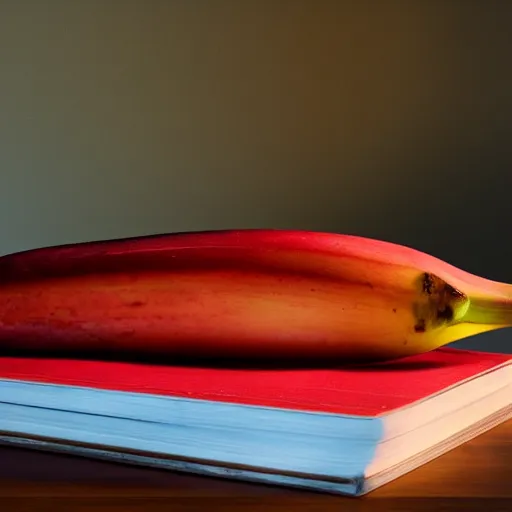 Image similar to photographic, hyperrealistic image, of a red banana, on top of a yellow book, on top of a dining table, detailed, HD, cinematic