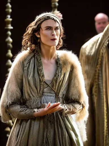 Image similar to a full body photograph of Keira Knightley as Miranda from the stage production of The Tempest taken with Nikon D3500, 4K UHD, high detail