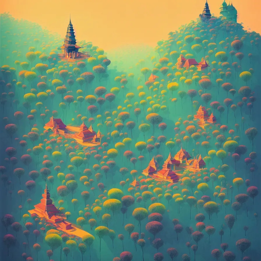 Prompt: ( ( ( gediminas pranckevicius ) ) ), wat bukit perak, summer morning, very coherent and colorful high contrast art by james gilleard floralpunk screen printing woodblock, dark shadows, pastel color, hard lighting