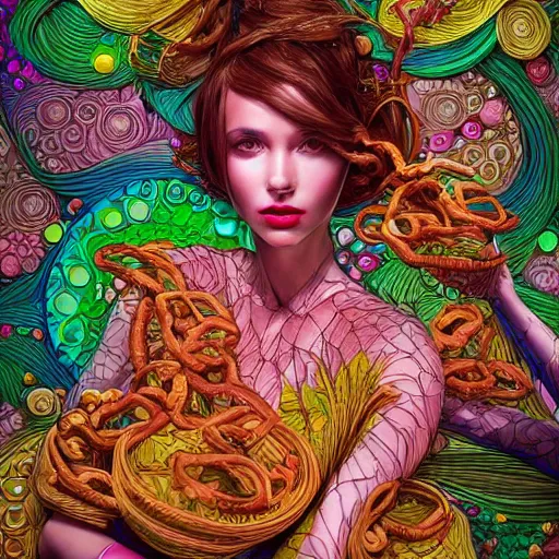 Image similar to the portrait of a ridiculously beautiful and elegant woman partially made of onion rings of all colors, an ultrafine detailed illustration by james jean, final fantasy, intricate linework, bright colors, behance contest winner, vanitas, angular, altermodern, unreal engine 5 highly rendered, global illumination, radiant light, detailed and intricate environment