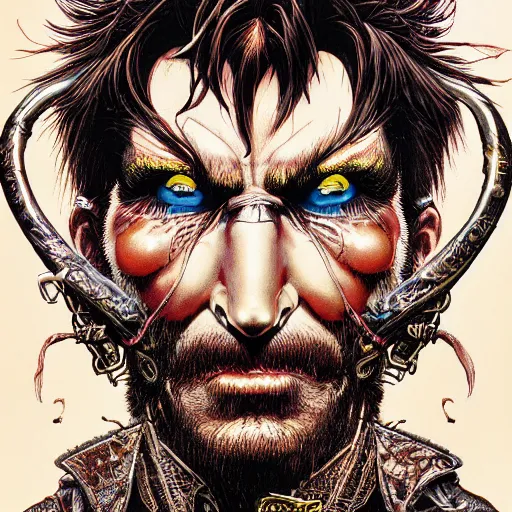 Image similar to portrait closeup of crazy captain hook, symmetrical, hyper detailed, by yoichi hatakenaka, masamune shirow, josan gonzales and dan mumford, ayami kojima, takato yamamoto, barclay shaw, karol bak, yukito kishiro