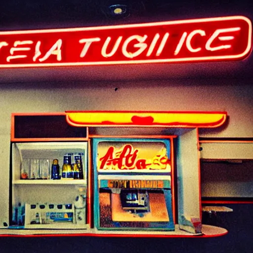 Prompt: a cup of tea on the counter, inside of a 1970s convenience store, neon lights, dirty, ektachrome photograph, volumetric lighting, f8 aperture, cinematic Eastman 5384 film