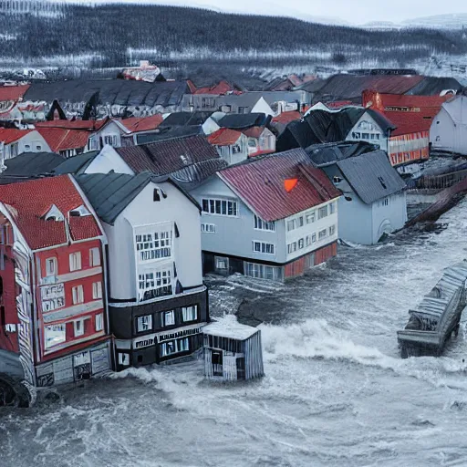 Prompt: tsunami hits trondheim, real historical event caught on camera, dramatic, hdr, hdd, clear image,