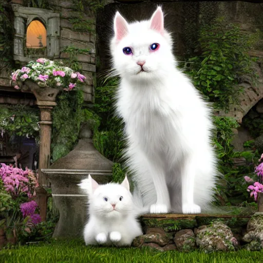 Image similar to hyperrealistic image of fun, fluffy white cat with one blue eye and one green eye, in a fairy garden, stunning 3 d render inspired art by greg rutkowski and xiang duan, perfect facial symmetry, realistic, highly detailed attributes and atmosphere, dim volumetric cinematic lighting, 8 k octane detailed render, post - processing, masterpiece