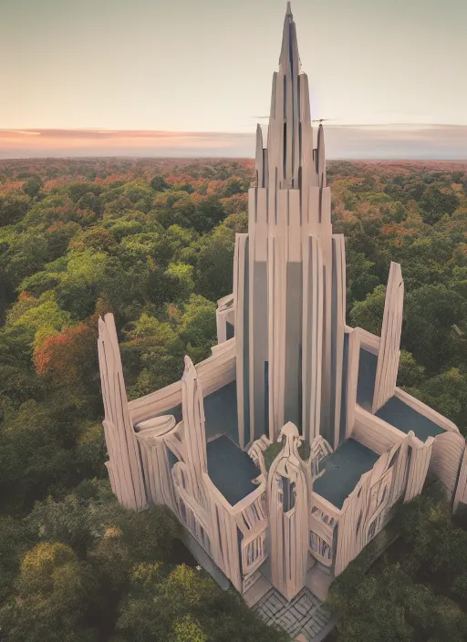 Prompt: isometric artdeco cathedral by frank lloyd wright, shot from drone, painted by piet mondrian