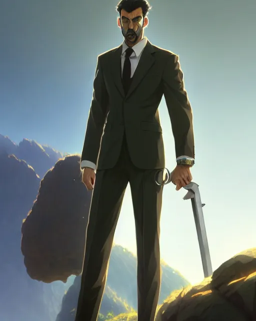 Image similar to gigachad luigi wearing a suit in the mountain, fantasy character portrait, ultra realistic, anime key visual like saitama, full body concept art like ernest khalimov, intricate details, highly detailed by greg rutkowski, ilya kuvshinov, gaston bussiere, craig mullins, simon bisley