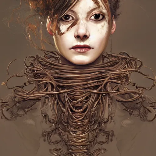 Image similar to portrait of a Shibari rope wrapped face and neck, headshot, insanely nice professional hair style, dramatic hair color, digital painting, of a old 17th century, old cyborg merchant, amber jewels, baroque, ornate clothing, scifi, realistic, hyperdetailed, chiaroscuro, concept art, art by Franz Hals and Jon Foster and Ayami Kojima and Amano and Karol Bak,