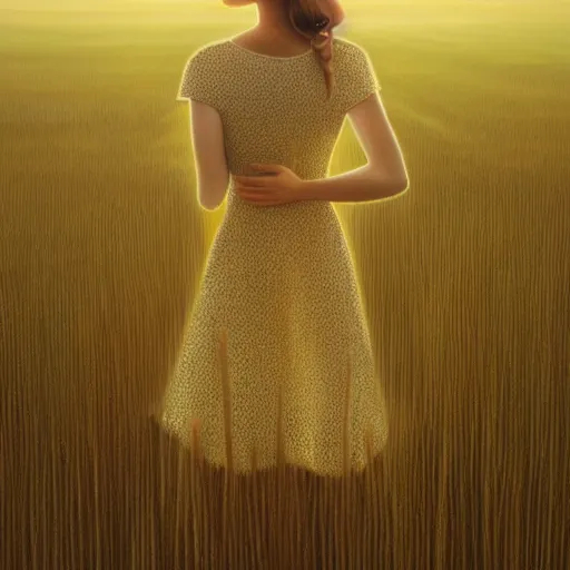 Image similar to close-up shot, a beautiful painting of a girl in a airy semi-transparent thin light dress standing in the glowing wheat fields, mystical setting, afternoon sun, long shadows, photo from the back, by Mark Ryden, Felix Kelly, trending on artstation