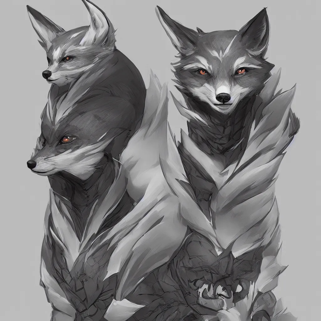 Image similar to a portrait of an anthropomorphic fox wearing a hoodie, symmetrical facial features, symmetrical proportions, league of legends, concept art, illustration, artstation, black and white