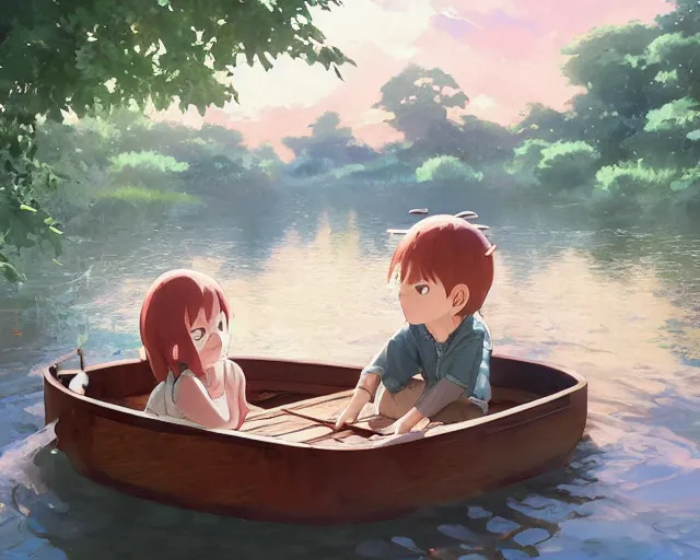 Prompt: a boy and girl sitting together in a wooden boat. Girl has long flowing auburn hair, boy has short hair. Boat is in narrow stream, trees, shady, ripples around boat. By Makoto Shinkai, Stanley Artgerm Lau, WLOP, Rossdraws, James Jean, Andrei Riabovitchev, Marc Simonetti, krenz cushart, Sakimichan, trending on ArtStation, digital art.