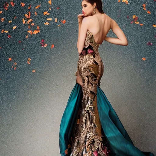 Image similar to exclusive evening dress made of bronze transparent fabric fantasy with colored flower petals made of fabric. intricate asymmetrical patterns. an elegant hat. hyperrealistic photos, clear details.