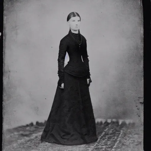 Prompt: high quality photo of a young noblewoman wearing black in mourning taken in 1 8 8 6