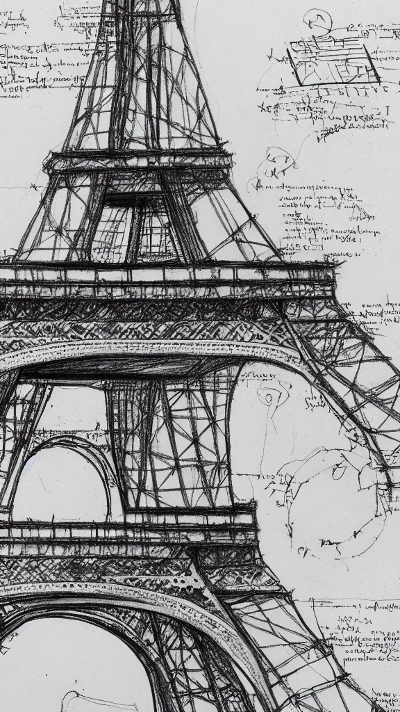 Image similar to architectural design studies of Eiffel Tower, schematics, notes, different closeup view, drawn by Leonardo da Vinci, chinese inkpen draw, artistic, intricated details