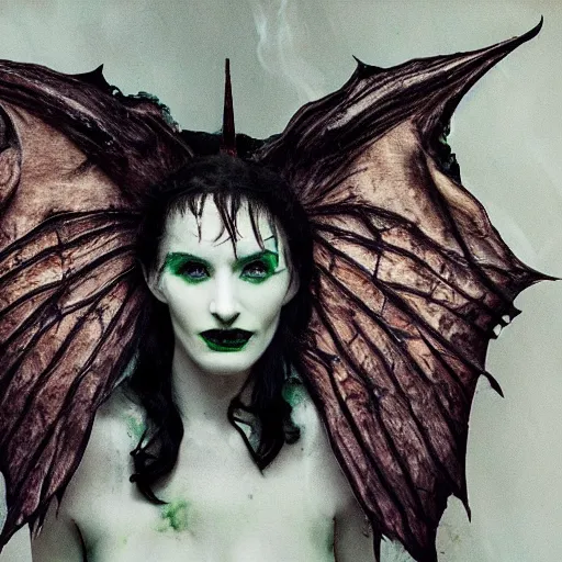 Image similar to pale decaying queen, crown of evil, devil bat wings, cinematic horror movie, dark liminal hell, emerald flames, lies in beauty evil