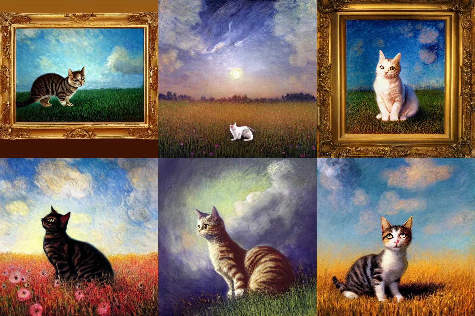 Prompt: A painting of a cat under the sky in a field, by (Leonardo da Vinci, Ross Tran, Claude Monet), +cgsociety, Trending on Artstation