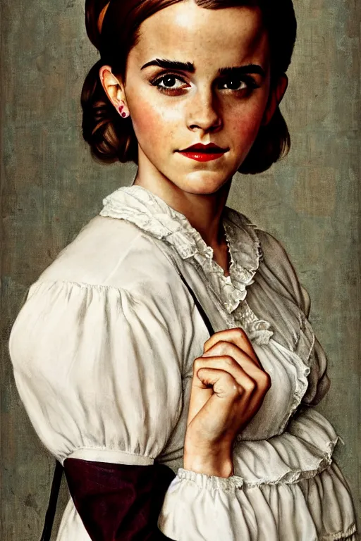 Image similar to photo photorealistic portrait photograph Emma Watson as maid portrait by Norman Rockwell