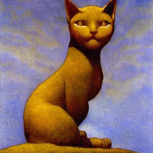 Image similar to painting of a cloisonne cat sculpture, by annie swynnerton and diego rivera and nicholas roerich and jean delville, symbolist, dramatic lighting, god rays, art brut, rich colors, smooth, sharp focus, extremely detailed, adolf wolfli and ( donato giancola and bilibin )