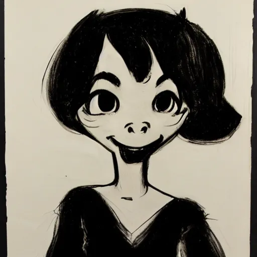 Image similar to milt kahl sketch of black hair cuban girl with dog nose