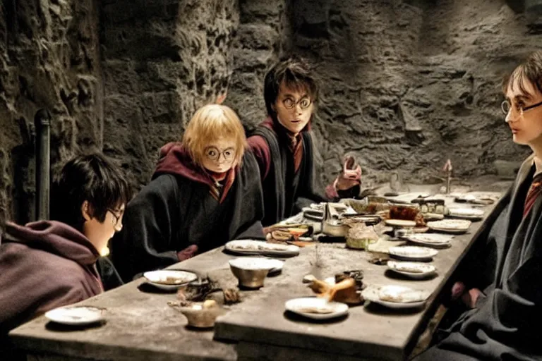 Prompt: Harry potter film, a scene where Harry Potter eating in a Concrete wall basement, Sushi is placed on a small aluminum table placed in the center, Dark cinematic color tones.