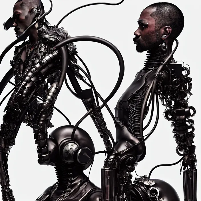 Image similar to cyberpunk black man at 20s with robot eyes, short hair, tiny thin mustache, thin face, wearing headphones, holding a big camera, by Wayne Barlowe by peter Mohrbacher by Giger, dressed by Alexander McQueen and by Neri Oxman, metal couture hate couture editorial