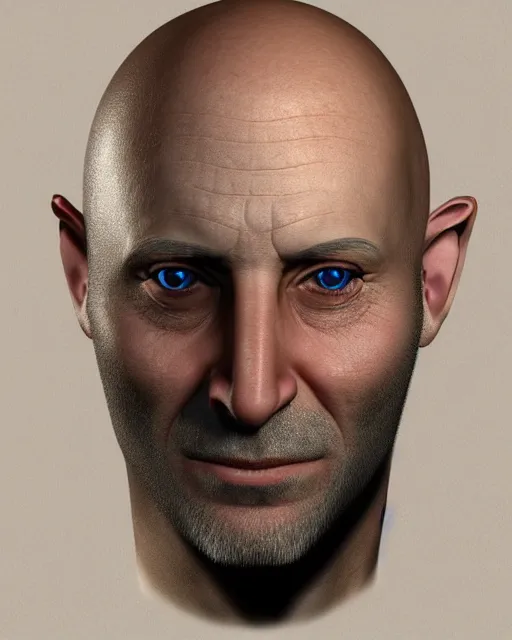 Image similar to portrait of a 4 0 - year - old bald man without nose, with a white complexion, cat - like scarlet eyes,, and a thin mouth, hyper realistic face, beautiful eyes, character art, art by mark brooks, hyperdetailed, cryengine, trending on artstation, digital art