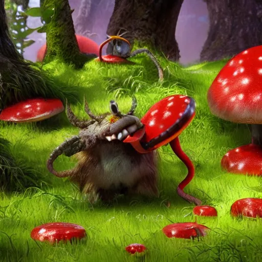 Image similar to a nature photo of a cute, adorable, fury monster eating bugs for lunch while sitting on a red mushroom in the fantasy forest, in the style of Pixar, extremely detailed, wide shot, sharp and detailed, Octane render