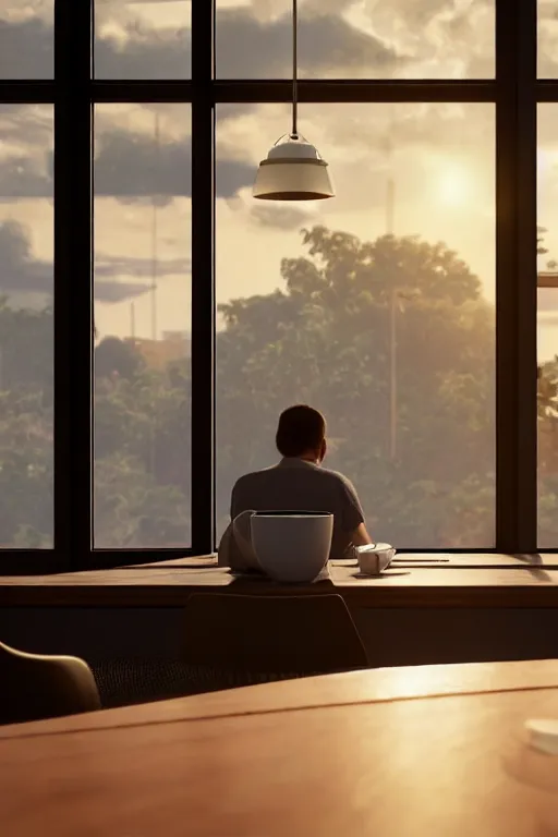 Image similar to a man sitting on a café table mext to a window and holding a cup of coffee at sunset, Pixar style, black hair, 4K, cartoon, concept art, octane render, unreal engine 5, path tracing, complementary colours, serene scene, warm, cute, natural lighting, high quality, highly detailed, high coherence, defined face, five fingers, anatomically correct, soft lighting, close view, digital art, trending on DeviantArt