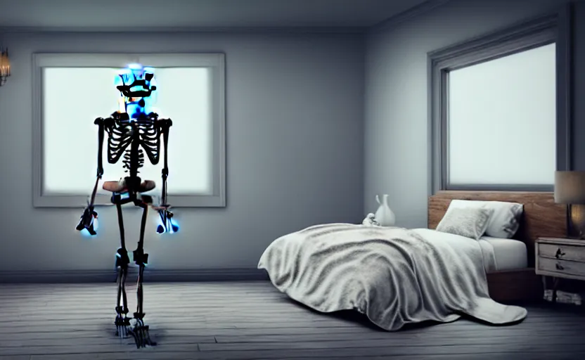 Prompt: matte oil painting of a skeleton dressed in pajamas inside of a comfy bedroom, extremely detailed, sleepy, cozy, 4 k, 8 k,