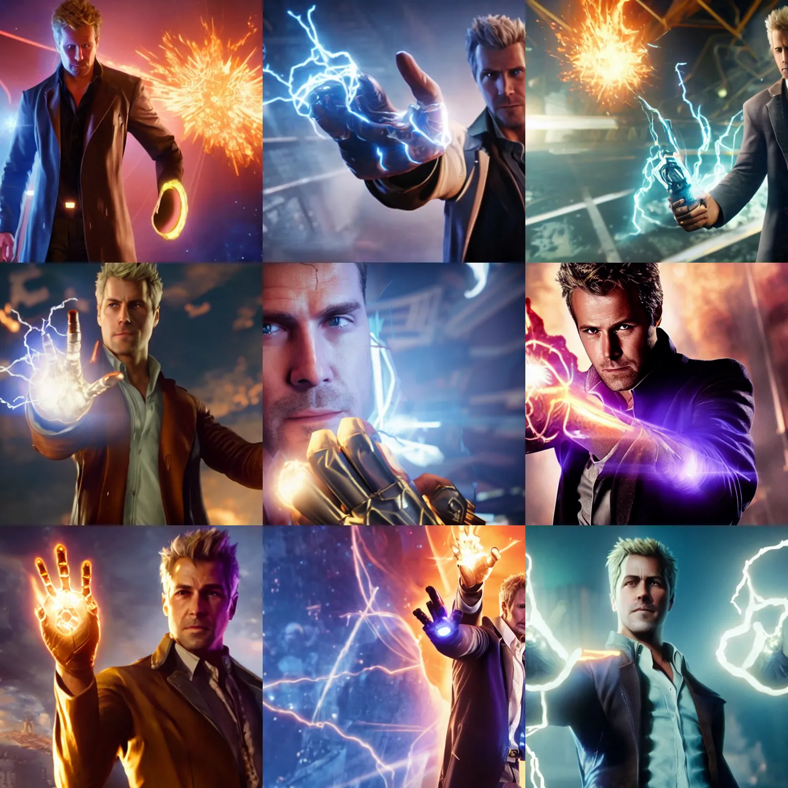 Prompt: A still of John Constantine holding the infinity gauntlet on Avengers Endgame, award winning photo, unreal engine, highly detailed features