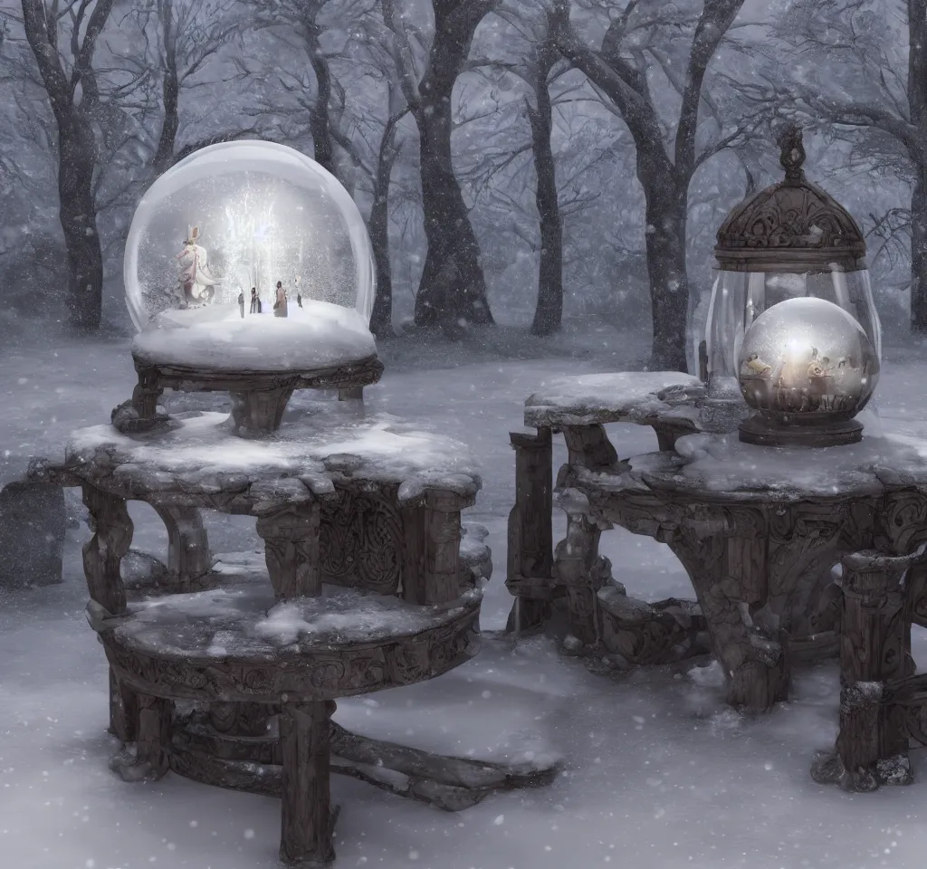 Prompt: a snow globe on a table with a goth castle inside, cgsociety, snow, dreamy, volumetric light, 3 d render, artstation, hyperdetailed, dramatic, epic painting, 8 k, sharpness