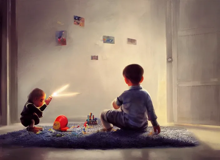 Image similar to lonely toddler elon musk sitting on a shaggy rug playing with his little rockets, bedroom, realistic painting, beautiful soft lighting, istvan sandorfi