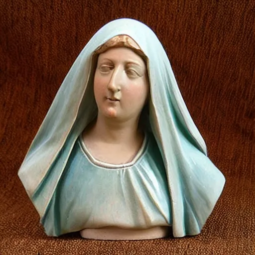 Prompt: holy roman chalkware bust virgin Mary antique painted sacred Catholic pearlescent coloring