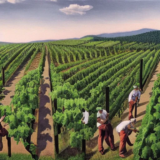 Image similar to Hyperrealism traditional austrian vineyard with workers, painting by MC Escher