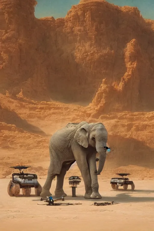 Image similar to 🐘 as 🤖 as 👽 as 🐳, desert photography, by greg rutkowski and edgar maxence