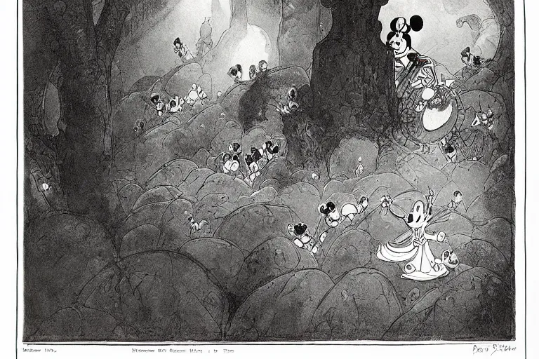 Image similar to magical 1920's style disney art of a mickey mouse scene by sidney sime gustave dore goya