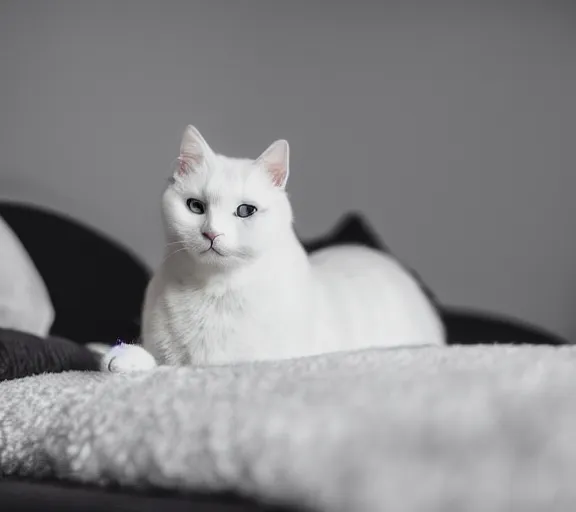 Image similar to a cute white oriental short-haired cat standing on comfy black and white pillows, photograph, 4k, HD