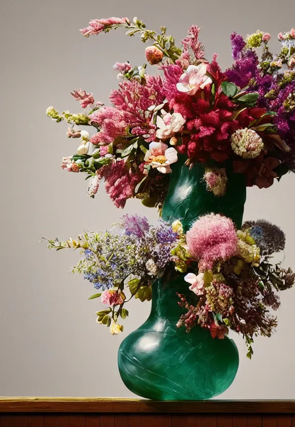 Image similar to a floral bouquet made out of gemstone crystals, in an elaborate jade vase sitting in a gloomy candlelit cabin under a narrow spotlight, hyperrealism, shot on film