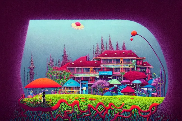 Prompt: surreal glimpse into other universe, hotel genting highland, summer morning, very coherent and colorful high contrast, art by!!!! gediminas pranckevicius!!!!, geof darrow, floralpunk screen printing woodblock, dark shadows, hard lighting, stipple brush technique,