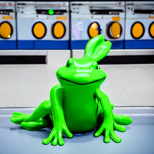 Image similar to plastic toy frog in a bunny suit cleaning up the laundromat, pastel colors