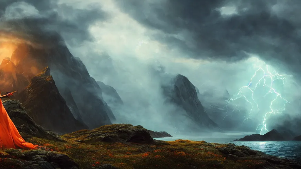 Prompt: wizard, norway fjord, natalie portman, hudson river school, max rive, full plate armor, f 1 6, bokeh, gentle, female, snowy, storm clouds, god rays, close up portrait, d & d, fantasy, elegant, teal orange color palette, concept art, roger deakins and greg rutkowski and alphonse mucha