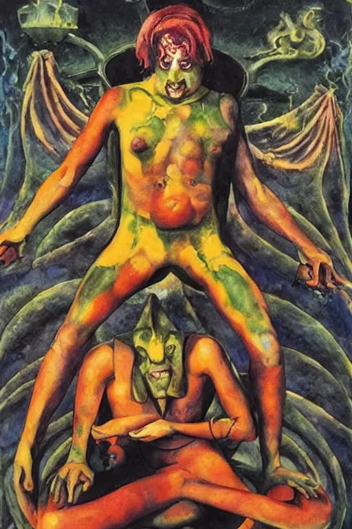 Image similar to surreal a lithe brian molko as slaanesh the prince of pleasure in a post apocalyptic hellscape, esoteric symbolism, intense emotional power, red yellow black, palette knife oil painting by peter booth, josh kirby and william blake