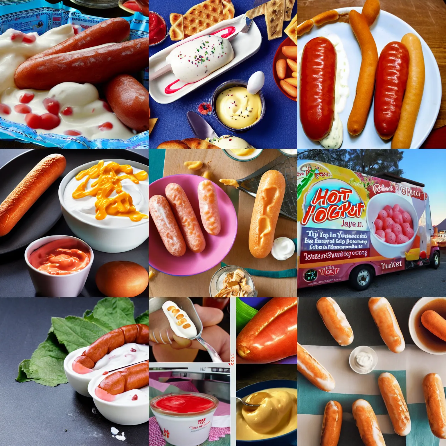 Prompt: hot yogurt trips from the tip of a frankfurter