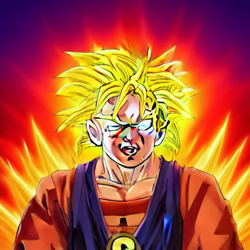 Image similar to portrait of Bernie Sanders from dragon ball z with glowing golden aura flying over a desert field, super saiyan 3, yellow spiky hair, high quality photo